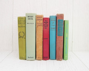 Vintage Colorful Books, Instant Collection of 7 Antique Books, Rainbow Book Set, Bookshelf Decor, Wedding Table Centerpiece