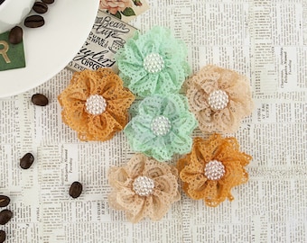 NEW: Prima Coffee Break "Chai Tea" 578527 (Brown Peach Mint) Lace Fabric Flowers. Scrapbooking, Wedding, Hair Accessories.
