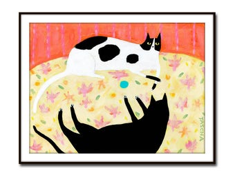PRINT Two cats fight over toy CUTE black cat and spotted cat on a rug sweet poster print of cat painting by Tascha