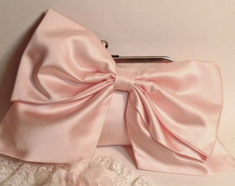 Bridal Clutch or Bridesmaid Clutch Light Pink Satin Bow Clutch