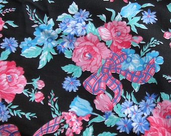 Fleurs Pink Roses with Ribbons with Blue flowers on Black cotton fabric BTY