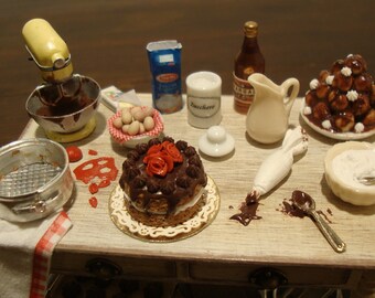 Miniature, for dollhouse, table. set up "prepare the chocolate party" 1:12 scale