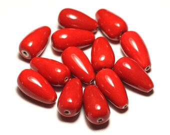 50pc - ceramic porcelain beads 21mm bright red drops