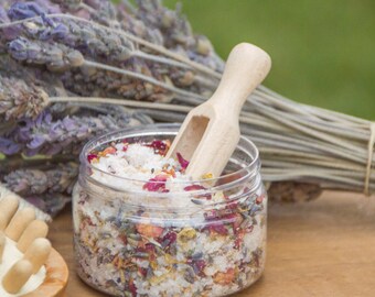Floral bath salts with Dead Sea salt, Himalayan pink salt and natural essential oisl
