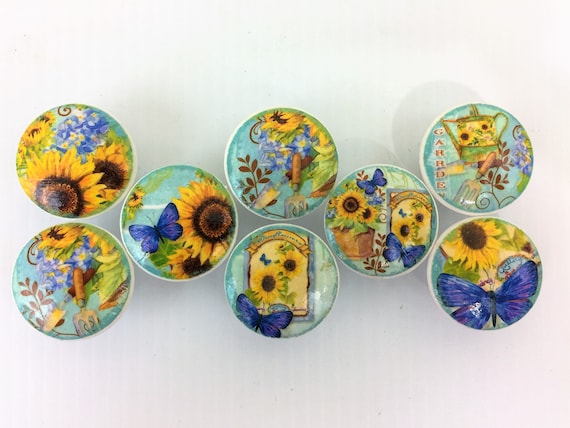 Set Of 8 Sunflowers On Blue Print Cabinet Knobs From