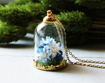 Blue Flower Terrarium Jewelry, Bouquet necklace, Flower Necklace, Dried flower necklace, Flower Jewelry, Romantic Jewelry, Wedding