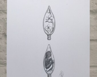 FREE SHIPPING*8x10-print-Light and Dark-Life-lightbulbs-growth-creation-pencil drawing-night gremlin-flowers