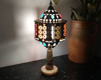 Moroccan / middle Eastern brass style table lamp/lantern with various coloured 'jewels' and marble base, circa 1960s.