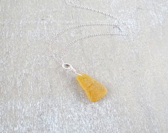 Deep golden yellow sea glass on a sterling silver chain