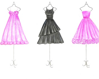 Watercolor Black and Pink Dresses Fashion Illustration Teen