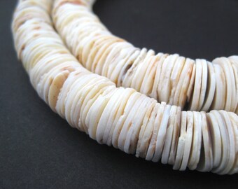 Trade Beads - Natural Shell Beads - 13mm White Sliced Disk Heishi - African Beads - Jewelry Supplies - Made in Ghana (SHL-HSHI-WHT-101L)