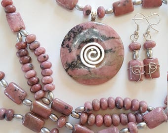 Rhodonite, Set, Rose Gemstone, Pink Jewelry Set, Round Pendant, Double Bracelet, Rose. Item # S012