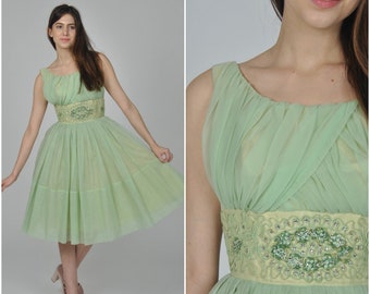 1950s Light Green Chiffon Floral Applique Party dress | vintage 1950s dress | green chiffon 50s party dress