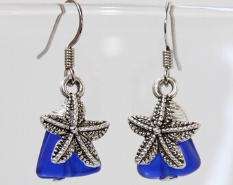 Starfish Earrings, Blue Glass Earrings, Beach Earrings, Cobalt Blue Earrings, Star Fish, Ocean Jewelry, Nautical Jewelry, Sea Glass Jewelry