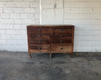 Large Antique 8 Drawer Wooden Apothecary Cabinet Workbench Parts Bin Card Catalog General Store TV Console Entryway