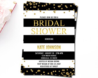 Kate Bridal Shower Invitations, Black White & Gold Bridal Shower Invitation, Wedding 2018, Personalized Printable Invitation, B69