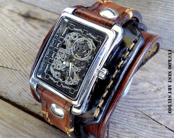 Leather watch for men's, Skeleton Leather Cuff, Wrist Watch, Men's Leather Cuff, Bracelet Watch, Watch Cuff, Steampunk watch