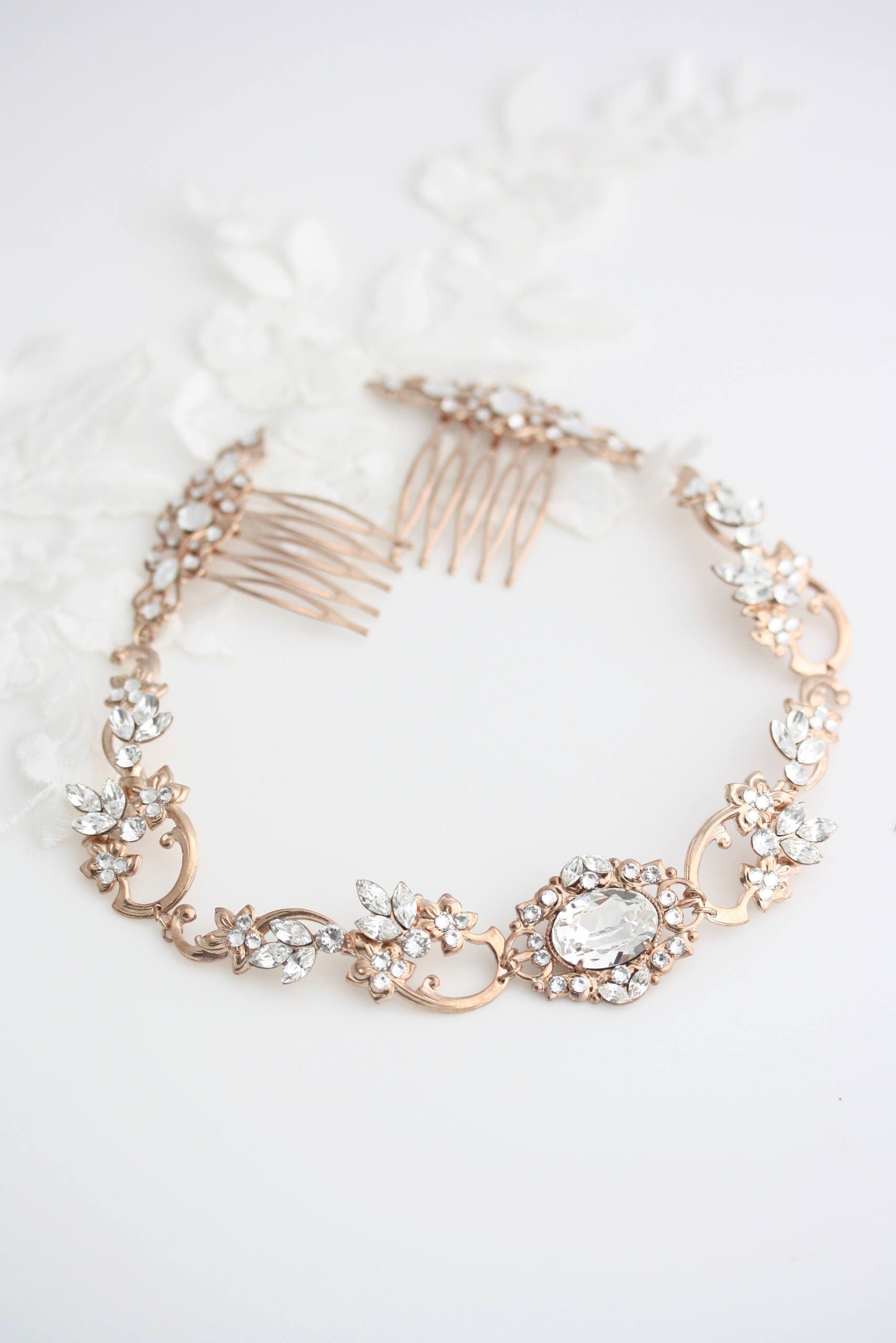 Rose Gold Wedding Forehead Band Swarovski Crystal Bridal Halo