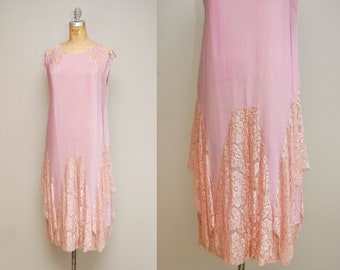 Vintage 20s Pale Purple Silk Dress / 1920s Sleeveless Silk + Lace Flapper Dress / Med-Lg