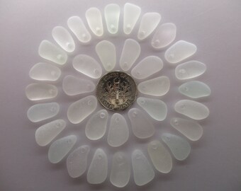 GENUINE SEA GLASS 14mm Beads 35 Earrings Charms Pendants Flawless White Clear Real Surf Tumbled Natural Beach Seaglass Jewelry Bead T 731a