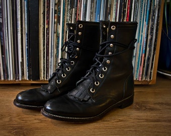 Black Leather JUSTIN Roper Boots - Vintage Lace Up Packer Boots - 5.5 Mens - 7 Womens - Vintage Ropers - Removable Fringe - Leather Boots