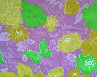 60s Vintage Butterfly Flower Fabric Purple Lime Green Novelty Cotton Mid Century Floral BTY CBF