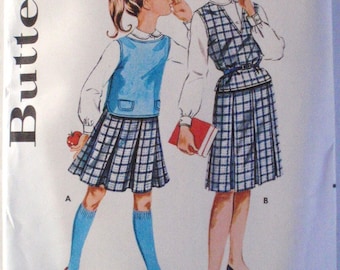 Butterick 9881 - 1960s Girl's Pleated Skirt, Overblouse and Button Front Shirt Sewing Pattern - Size 7, Breast 25