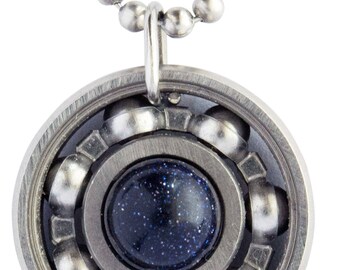 Blue Goldstone Roller Derby Skate Bearing Pendant Necklace