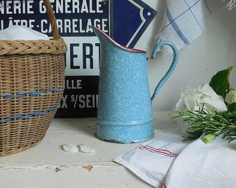Small vintage French enamel jug, vintage enamel pitcher, blue and white marbled, granite ware