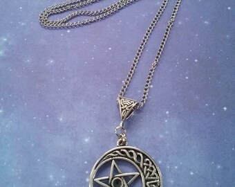 Celestial Crescent Moon and Pentagram Pendant Necklace