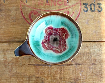 Small German Art Pottery Dish, Decorative Ceramic Drip Glaze Dish with Handle, German 206-14 Glazed Dish