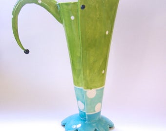 Adorable turquoise & Lime polka dot pottery Vase Pitcher whimsical home decor Alice in Wonderland colorful fantasy ceramics