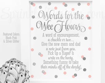 Baby Shower Games Words For The Wee Hours Words of Wisdom Late Night Diapers Blush Pink Silver Glitter Printable Baby Girl Shower Game Ideas