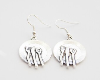 Foodie Gifts, Plate Earrings, Plate Jewelry, Fork Knife Spoon Earrings, Dinner Plate Earrings, Brunch Earrings, Food Gifts, Gifts Under 20