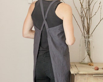 Linen apron in slate grey, Pinafore apron, Cross back, Natural linen, Eco friendly