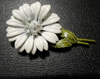 White Enameled Large Flower Vintage Brooch