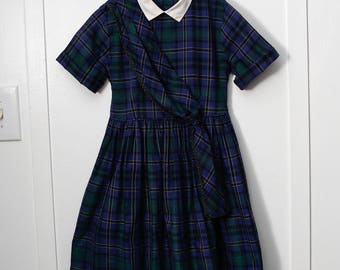 Girls 6: 1950s Classic Navy Plaid Little Girl's Dress, Shoulder Sash, White Collar