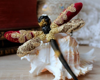 Gold burgundy dragonfly brooch Insect jewelry Textile fiber Antique lace Hand embroidery crochet marsala Christmas gift accessory