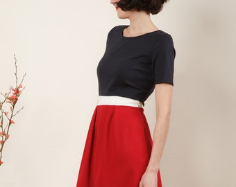 Dress "Elisa", in red, dark blue and off-white