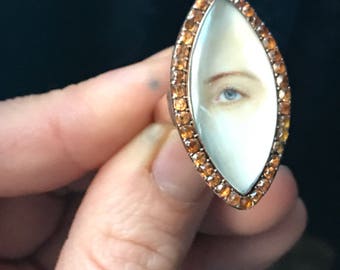 Georgian Lover's Eye Ring - Miniature Eye Painting - Paste and Gold Navette Ring