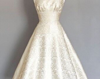 Silver and Pearl Brocade Tiffany Wedding Dress with Dipped Hem - Made by Dig For Victory
