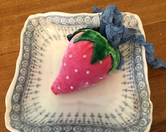 Handmade silk velvet strawberry pin cushion