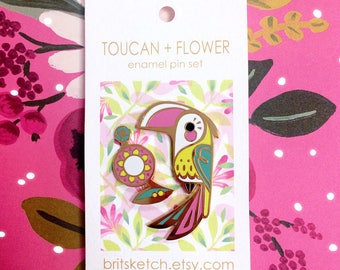Toucan + Flower Enamel Pin Set