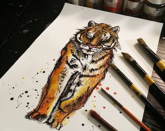 8x12 Ink painting on canvas - tiger watercolor painting