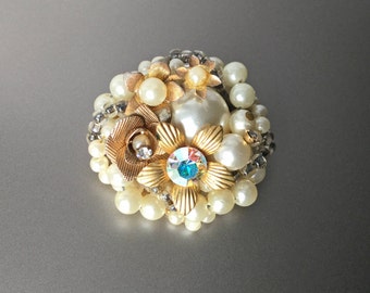 Pearl & Rhinestone Wired Cluster Brooch - Twirl Twist Brooch - Gold Tone - Miriam Haskell