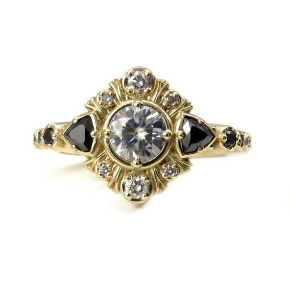 Art Deco Moissanite Engagement Ring with Black Diamond Trillions and Gold Fringe