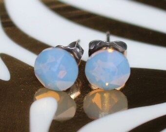Air Blue Opal Swarovski Crystal Stud Earrings on Titanium posts for those with sensitive ears! 7.2mm in diameter