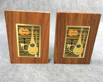 60's Mid Century Modern Bookends Jazz Musical Instruments - Wood and Metal