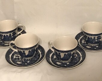 Set of 4 Blue Willow Blue & White Cup and Saucer by Johnson Bros.