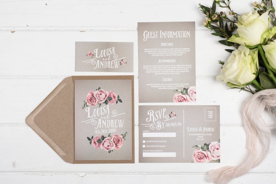 Rustic Wedding Invitation Set - A6 Grey Rustic Rose
